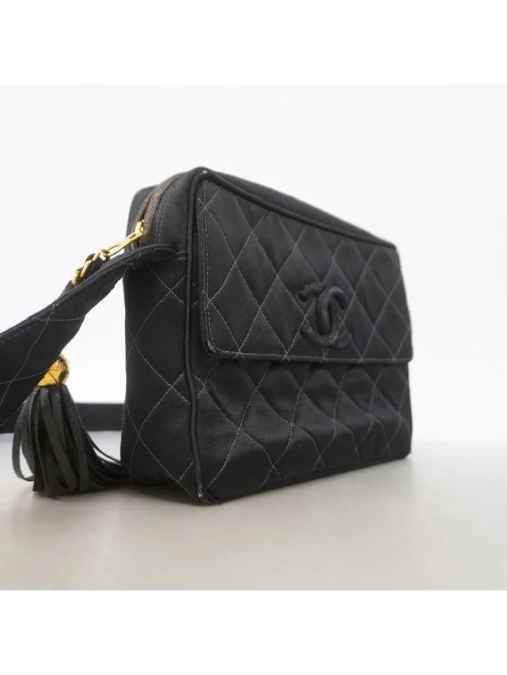Chanel Shoulder Bag Quilted Satin Black Gold